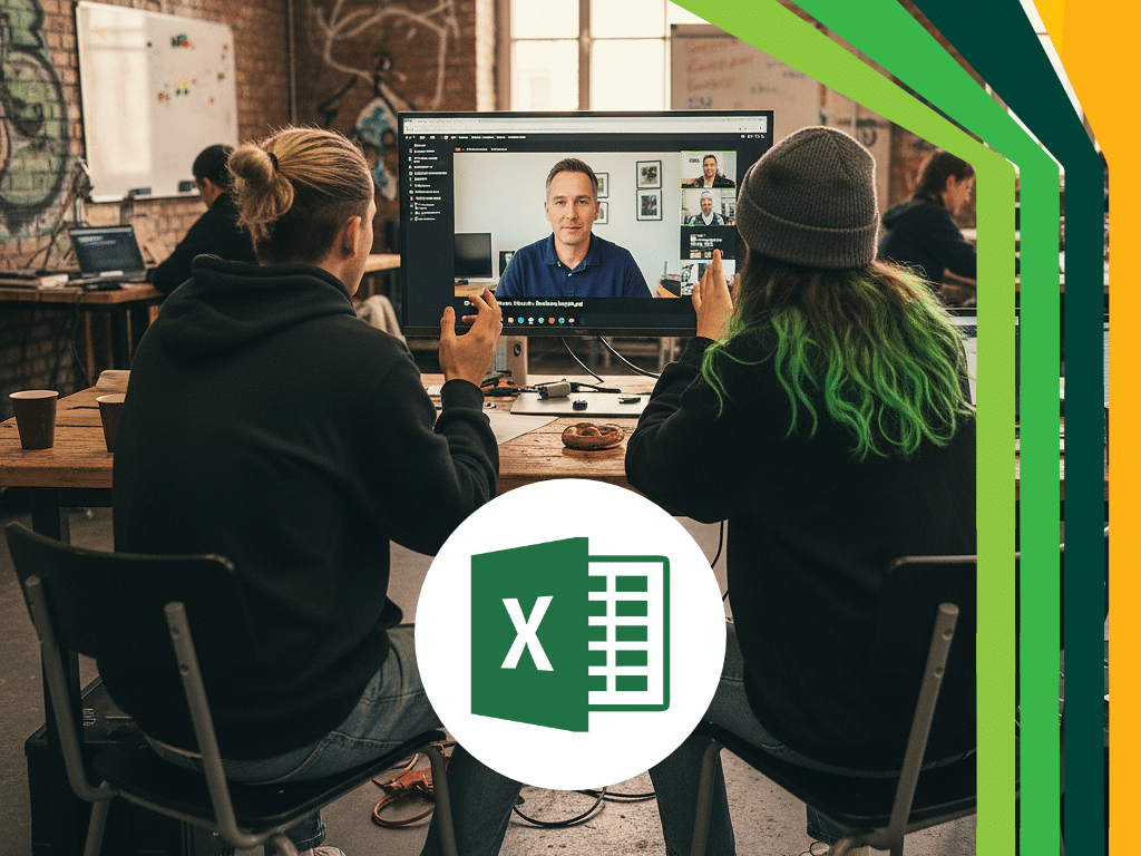 Zwei Personen sitzen an einem Tisch in einem legeren Arbeitsbereich und nehmen an einem Videogespräch mit einem Mann teil, der auf einem Monitor zu sehen ist. Das Microsoft Excel-Logo ist im Vordergrund mit bunten diagonalen Streifen auf der rechten Seite überlagert.