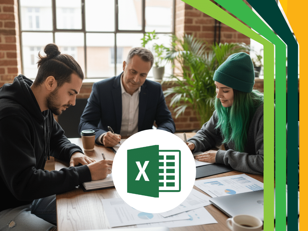 Drei Personen sitzen an einem Tisch und arbeiten an Dokumenten, wobei Kaffeetassen und Papiere sichtbar sind. Das Excel-Logo ist im Vordergrund zu sehen, und bunte geometrische Formen umrahmen die rechte Seite des Bildes.