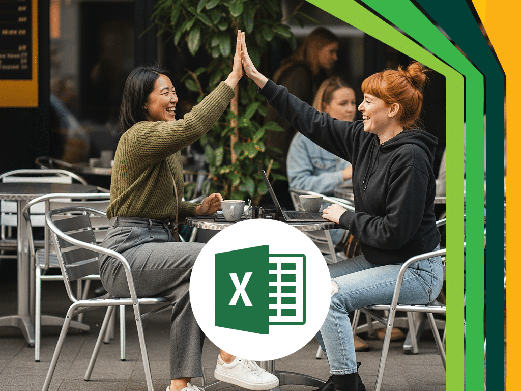Zwei Frauen sitzen in einem Straßencafé und geben sich lächelnd die Hand. Auf dem Tisch stehen ein Laptop und ein Kaffee. Ein Excel-Logo und bunte Linien unterstreichen ihren Erfolg mit kostenlosen Startup-Tools.