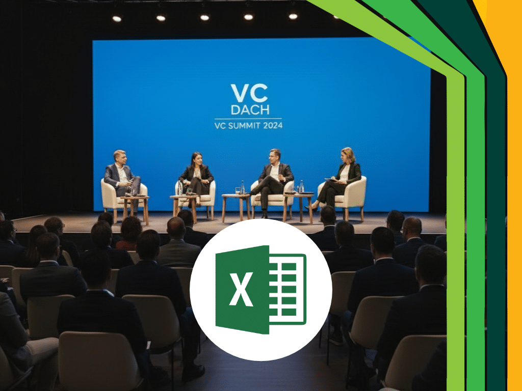 Ein Panel von vier Rednern sitzt auf der Bühne des VC DACH Summit 2024 und blickt auf das Publikum. Das Bild zeigt ein Excel-Logo im Vordergrund und hebt kostenlose Startup-Tools mit grünen und orangefarbenen grafischen Rändern auf der rechten Seite hervor.