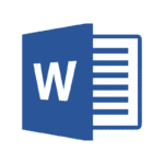 Blaues Microsoft Word-Logo mit einem weißen W auf einem stilisierten Dokumentensymbol mit horizontalen Linien, die Text auf einer Seite andeuten, vor einem hellgrauen Hintergrund.