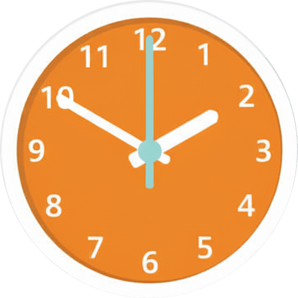 Eine orangefarbene Wanduhr zeigt die Zeit 2:50 an. Der Stundenzeiger zeigt auf 2, und der Minutenzeiger zeigt auf 10. Die Uhr hat weiße Tickmarks und Zahlen.
