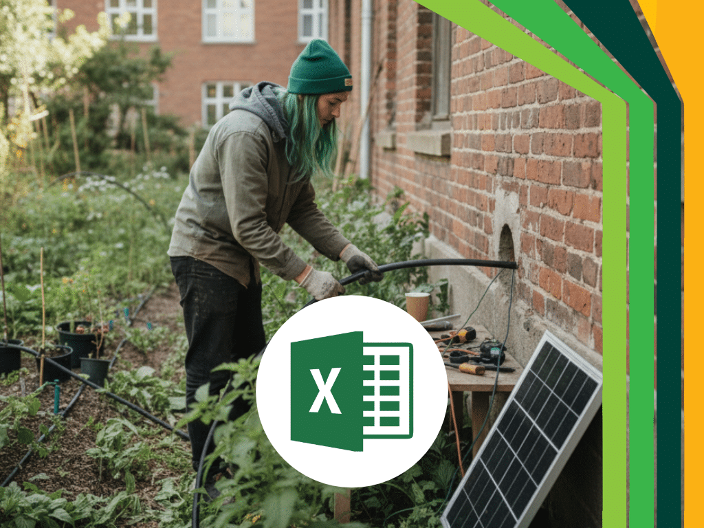 Eine Person mit grüner Mütze arbeitet mit Werkzeugen in der Nähe einer Backsteinmauer in einem Garten, mit einem Solarpanel auf dem Boden und einem überlagerten Excel-Logo im Vordergrund. Bunte grafische Rahmen säumen den oberen rechten Rand.