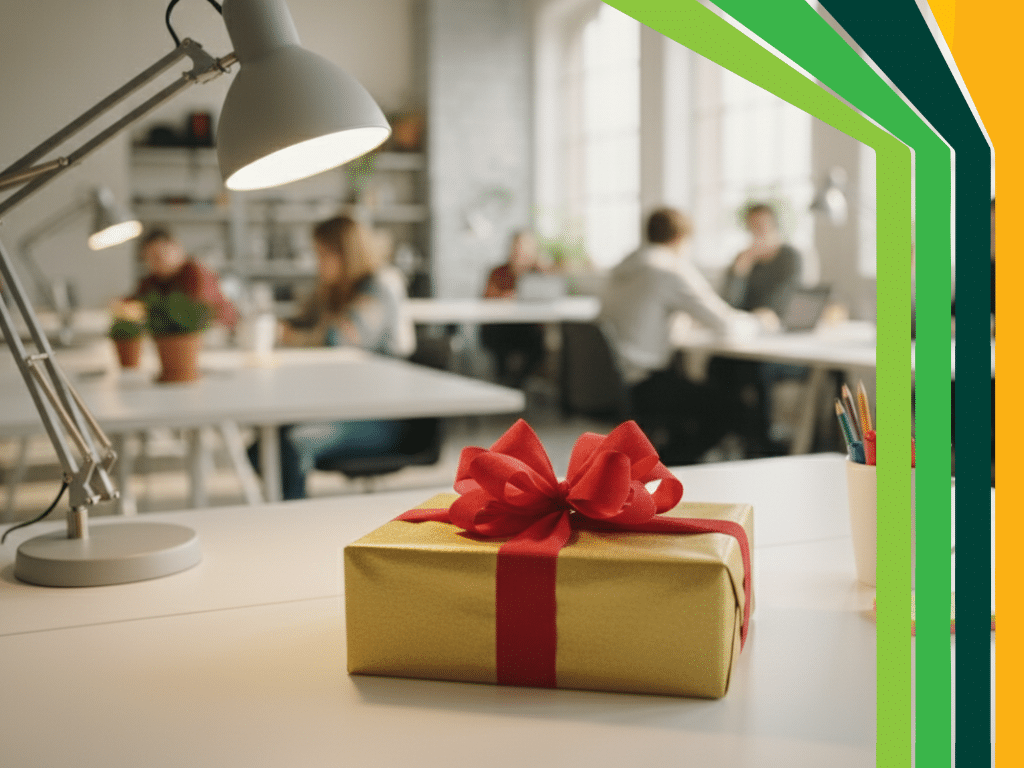 Ein goldener Geschenkkarton mit roter Schleife steht auf einem weißen Bürotisch. Im unscharfen Hintergrund arbeiten Menschen an Computern. Grüne, gelbe und orangefarbene geometrische Formen umrahmen die rechte Seite des Bildes.